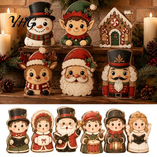 Christmas Fireplace Mantle Ornaments 6Pcs Wooden Tabletop Signs, Xmas Sign Decor, Santa Reusable Holiday Figurines Snowman Reindeer Gingerbread House