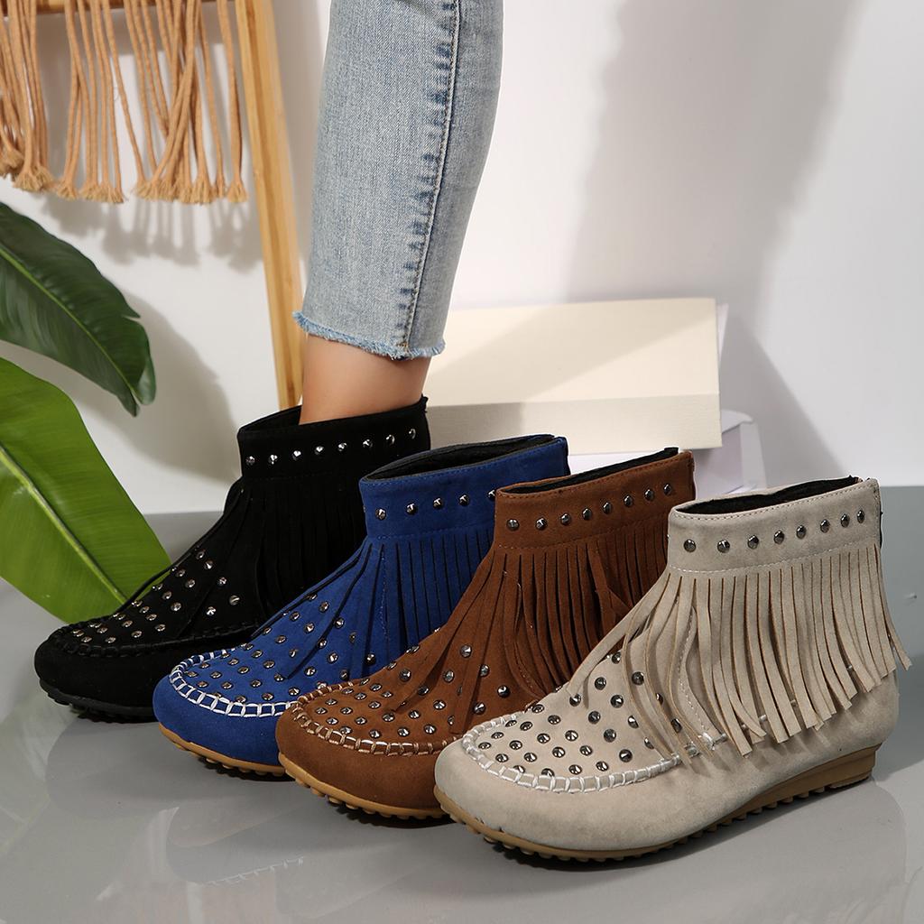 Autumn Retro Flat Heel Ankle Boots Fashion Round Toe Tassel Women Boots Soft Sole Short Boots Casual Women Shoes Botas De Mujer