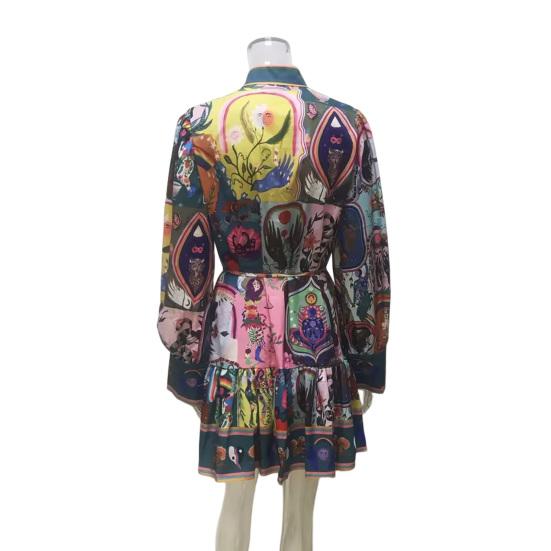 Fall Summer Women Dress Stand Collar Single-breasted Long Lantern Sleeves Slim Waist Vintage Ruffle Edge Colorful Print Mini Dress