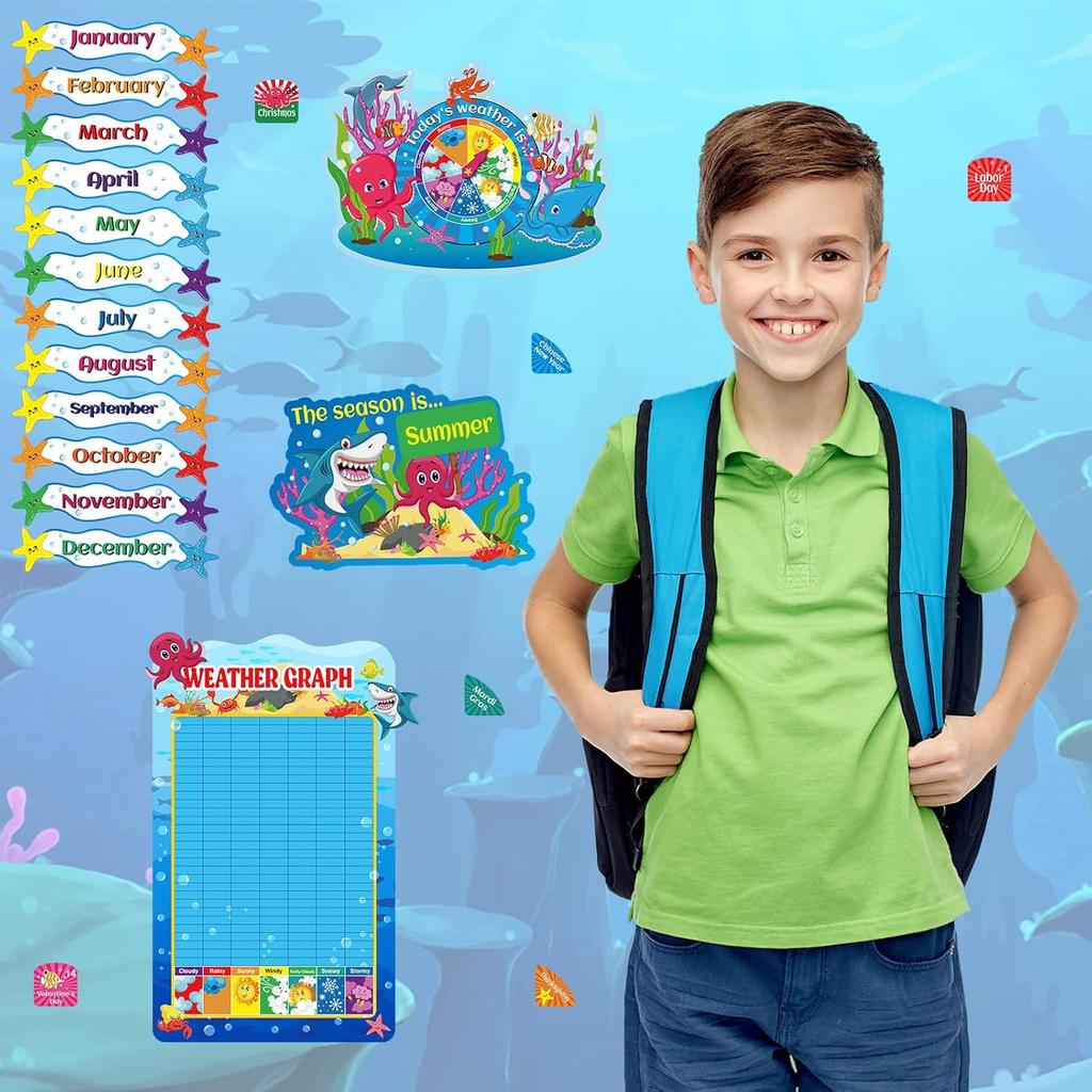 90 Pcs Sea Calendar Bulletin Board Set Pocket Chart Seasons Weather Chart Ocean Theme Classroom Decor Monthly Calendar for School Classroom Home