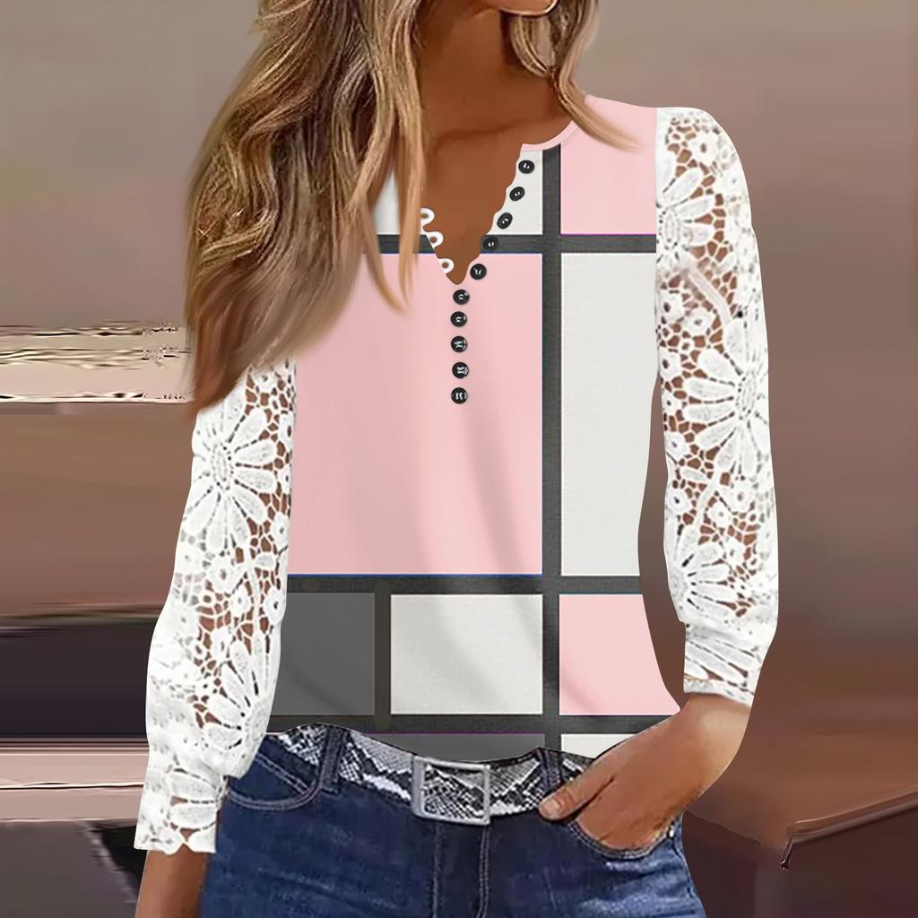 Women's T Shirt Tee Print Button Lace Long-sleeved  Daily Weekend Fashion Basic V- Neck Regular Top