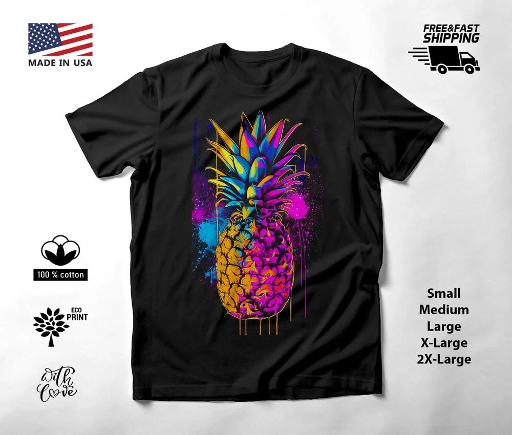 Colorful Pineapple Neon Graphic T-Shirt Black Unisex S-2XL