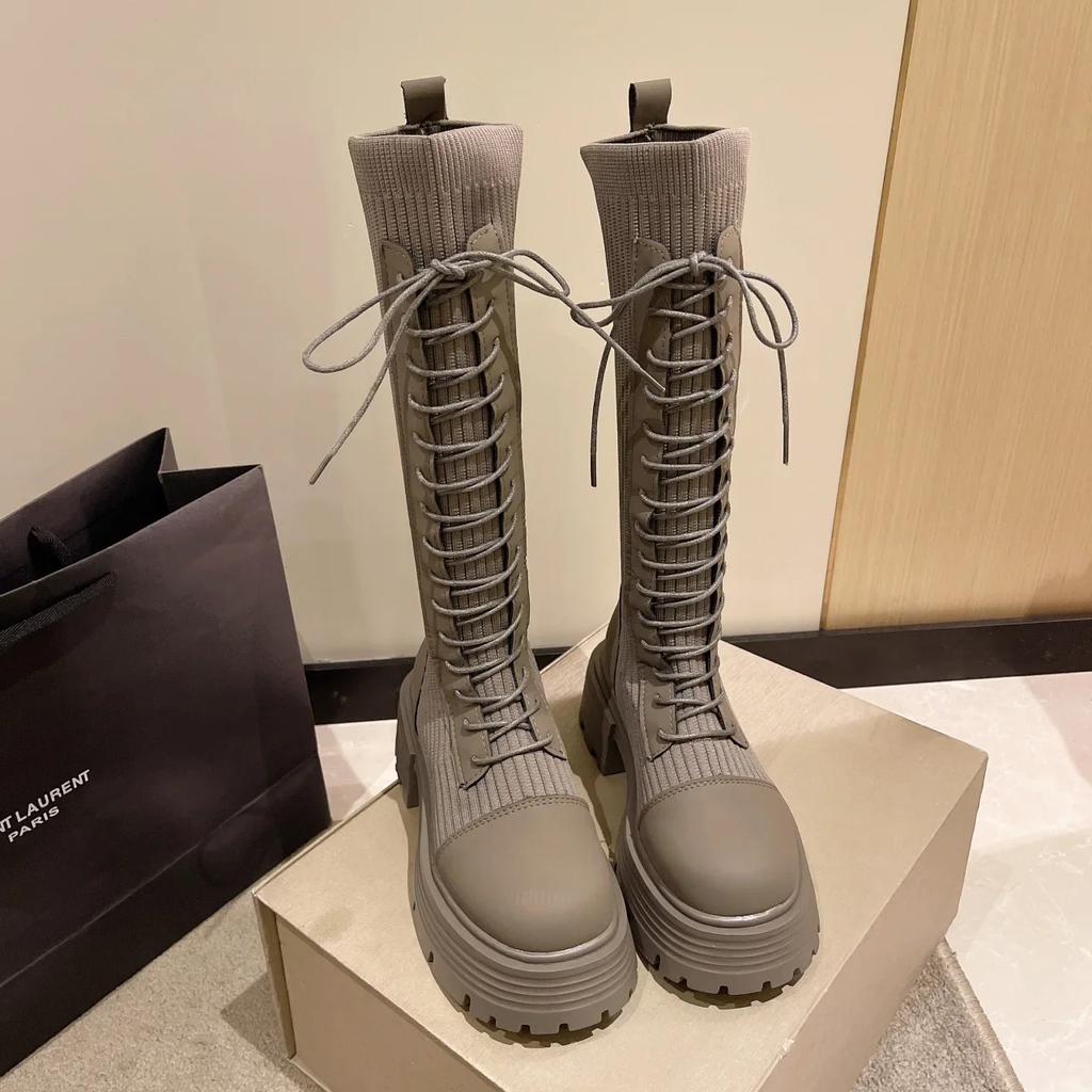 2025 Autumn Winter New Chunky Platform Long Boots Women Thick-soled Stretch Knitted Knee High Boots Woman Botas De Mujer