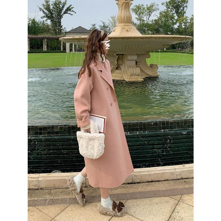 Розовое кашемировое пальто свободного покроя в корейском стиле - двустороннее женское пальто из смесовой шерсти