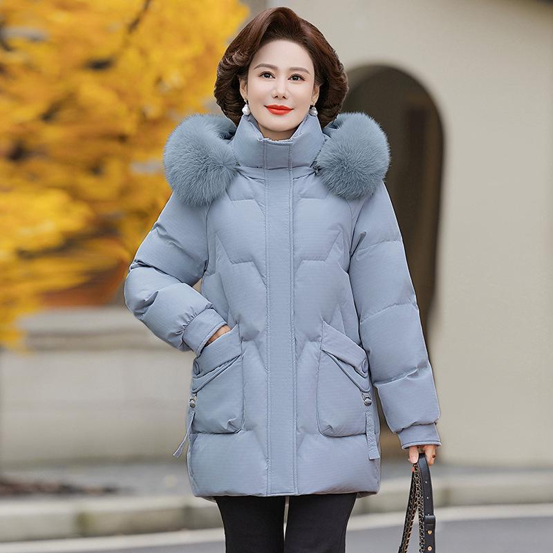 Аутентичный женский зимний пуховик средней длины с воротником из натурального меха для женщин среднего и пожилого возраста