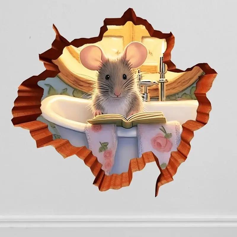 Милая наклейка на стену «Дыра в стене с мышью», Мышь, читающая книгу в дыре в стене, Наклейка, Наклейка «Дыра в стене», Декор «Мышь читает», Украшение комнаты