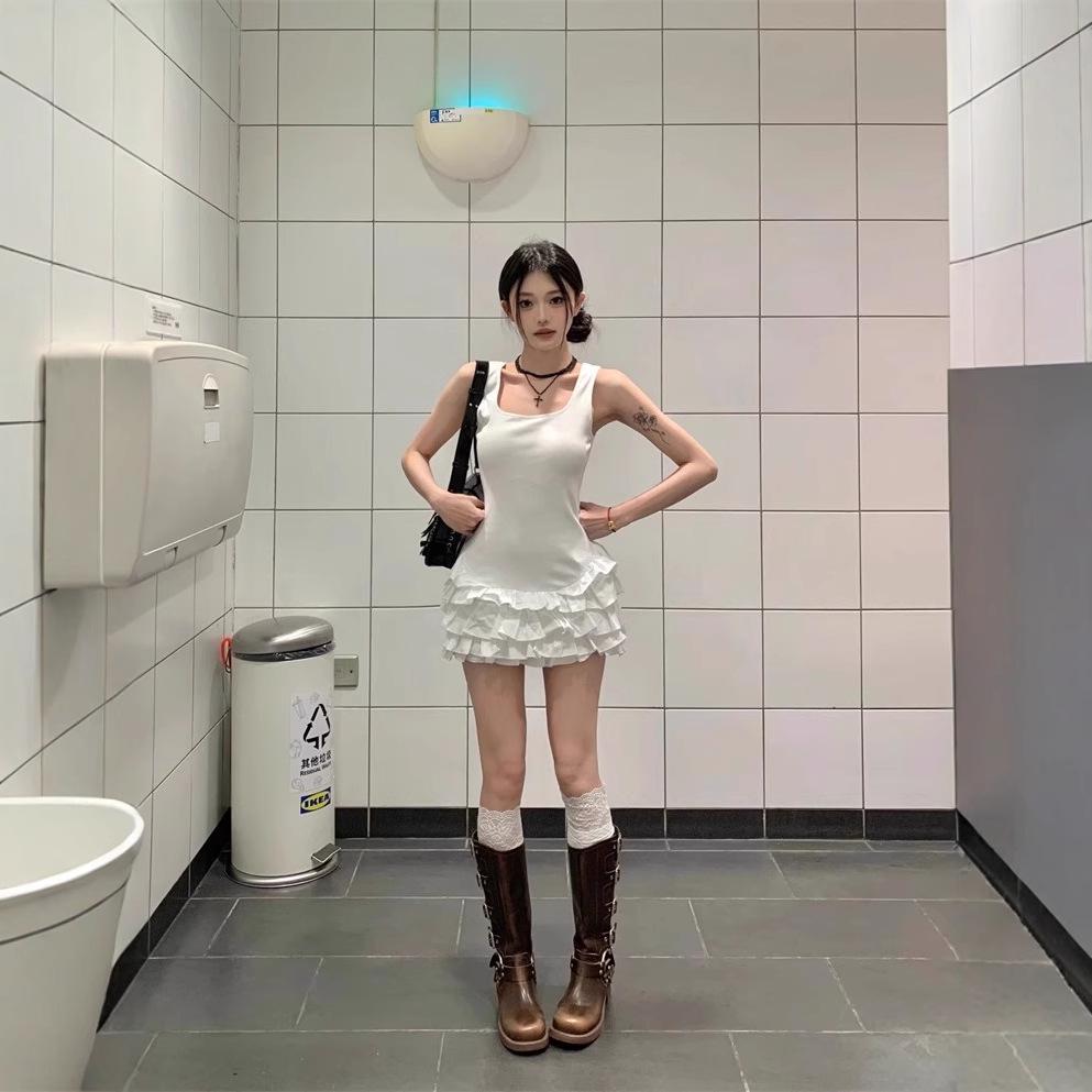 Women's Sleeveless French Knitted Vest Dress - Waist-Cinching First Love Style Little White Dress