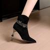 Suede Pointed Toe Thin High Heel Rhinestone Short Boots White Silp-on Elastic Botas Femininos French Ankle Botines Women Shoes