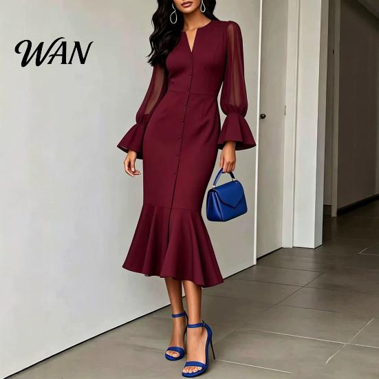 Retro Puff Long Sleeve Dresses Women Fishtail Dress, V-Neck Slimming Chiffon Patchwork Fit for Solid Color Bodycon Midi Dress Party Evening Wedding