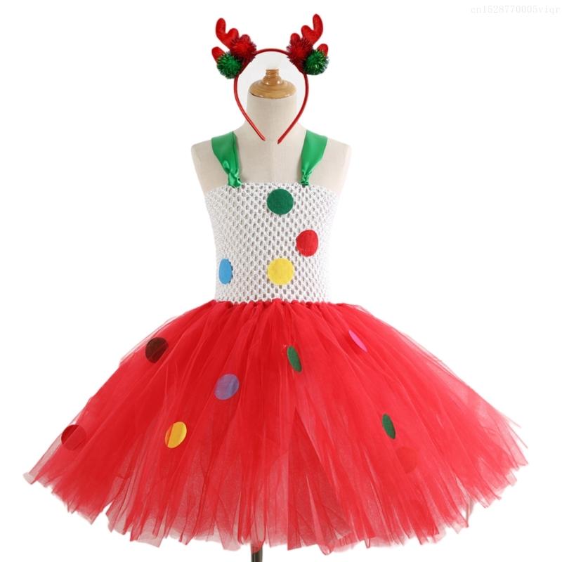 Girl Princess Outfits Set Includes Christmas Dress and Headband for Kids 2-12 F0S4