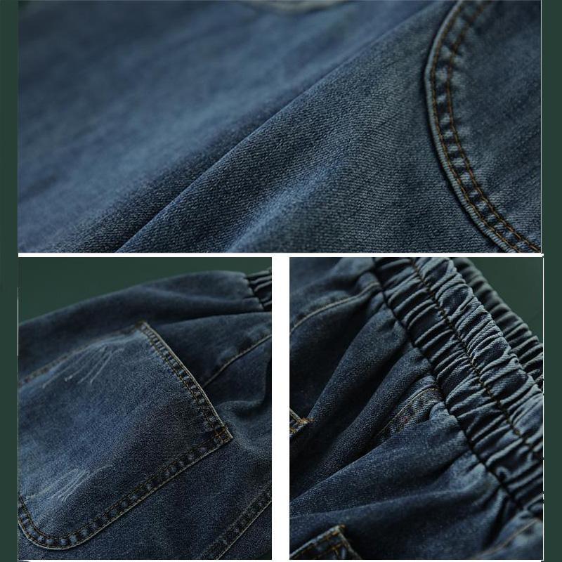 Ретро рваные брюки-шаровары с эластичной резинкой на талии, женские джинсы, свободные широкие брюки, прямые джинсовые брюки с большими карманами