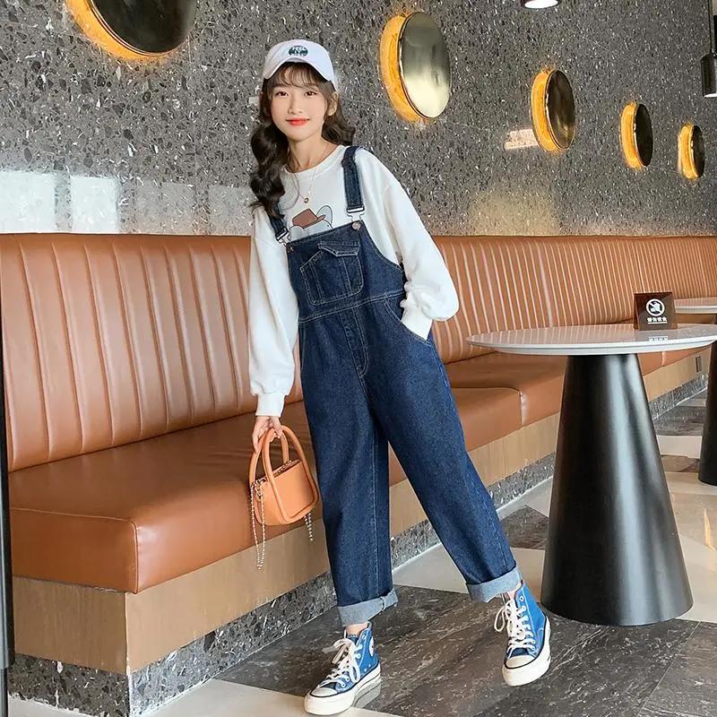 Джинсовые комбинезоны для девочек, весна и осень, детская осень, модные брюки в стиле вестерн, повседневные брюки для больших детей