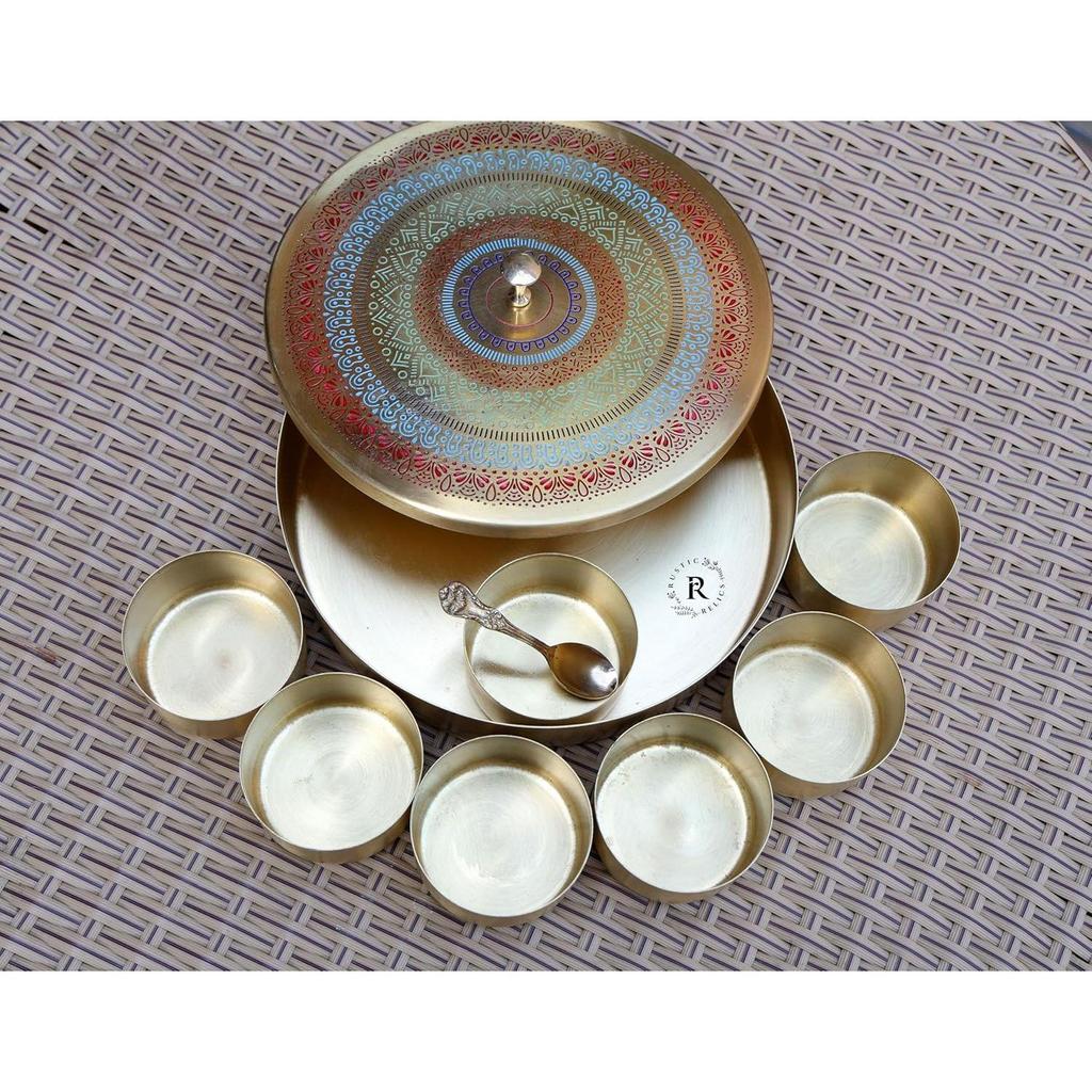 Pure Brass Spice Box | 8 INCH Round | BIDRI Work | Box Includes 7 Containers and 1 Spoon