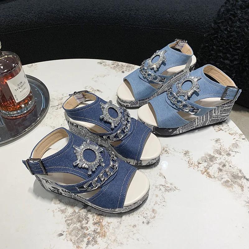 Women Wedge Denim Super High Heels Sandals Women Wedges Platform Dress Slippers 2024 Summer Designer Rhinestone Pumps Zapatillas