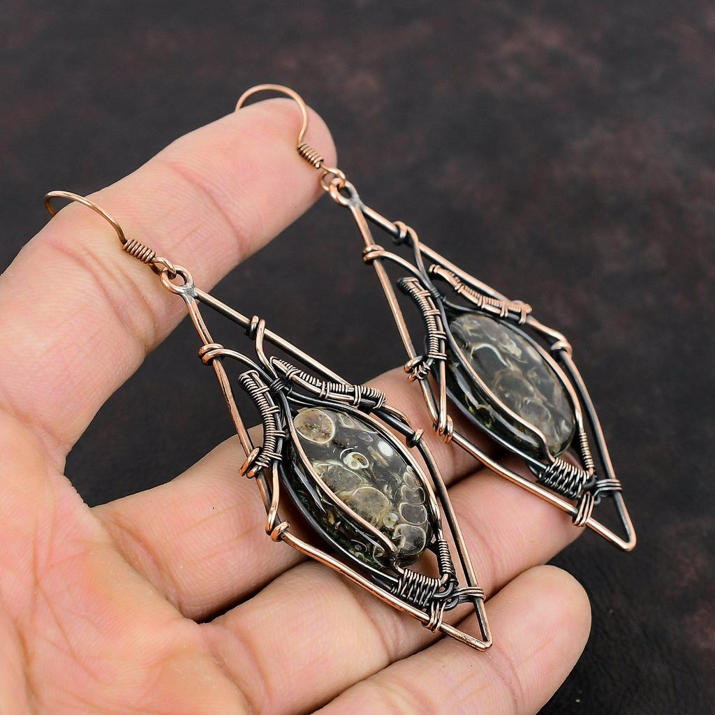 Серьги Turritella Agate Серьги с медной проволокой, обернутые в медь Драгоценные камни Медные украшения Ручная работа Серьги-подвески, обернутые в проволоку Подарки на годовщину
