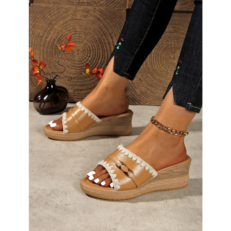 Летние клиновые шлепанцы больших размеров Женские 2025 Новые кружевные сандалии на платформе с открытым носком