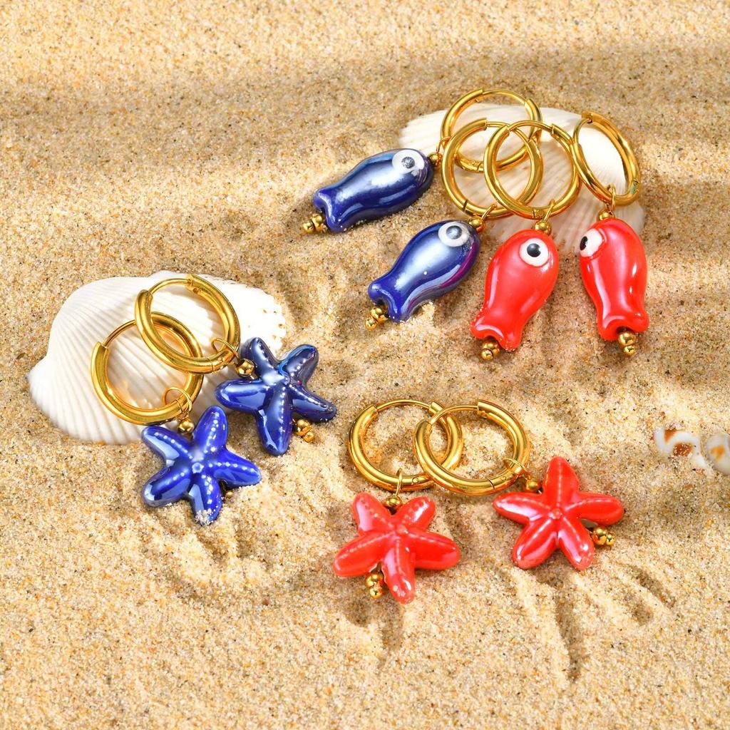 Ceramic Fish Starfish Dangle Earrings for Women, Hypoallergenic Ocean Summer Holiday Gift