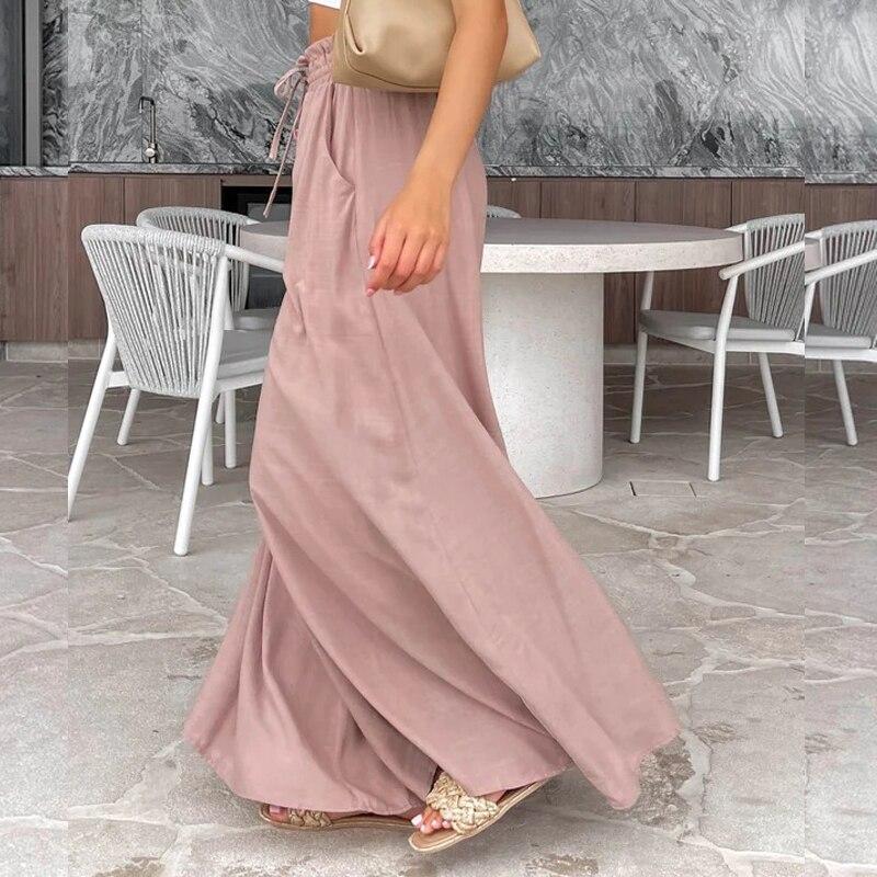 Summer Elastic Waist Edible Tree Fungus Trousers Fashion Loose Pocket Drawstring Pants Casual Solid Green Wide Leg Pants 25550