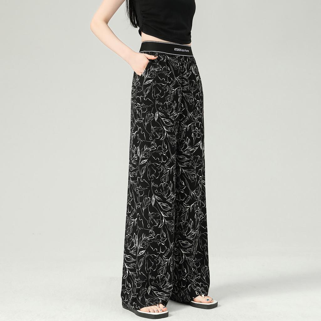 Hanging wide leg pants for women in spring, personalized printed straight leg pants with elastic waist, versatile casual pants