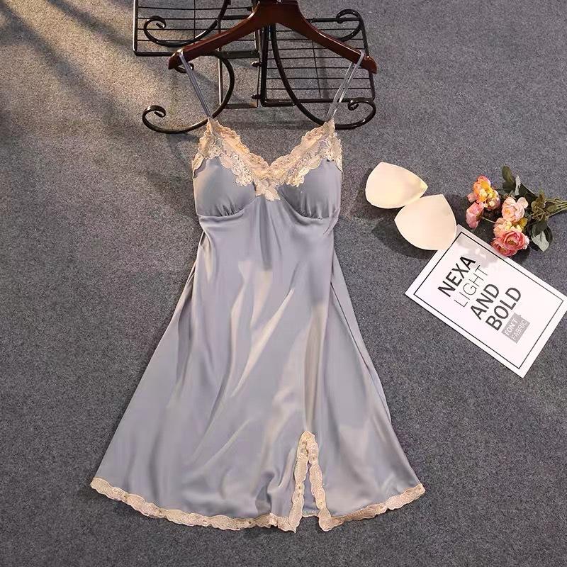 Pajamas women's spring and summer thin sexy suspenders ice silk pajamas silk lace split ends with chest pads loungewear