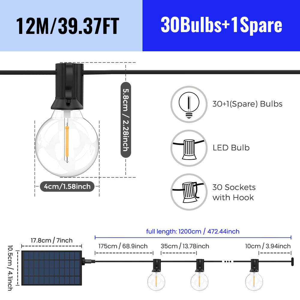 Солнечные гирлянды, уличные светильники G40 для патио со светодиодными небьющимися лампами, всепогодные подвесные светильники для бистро на заднем дворе