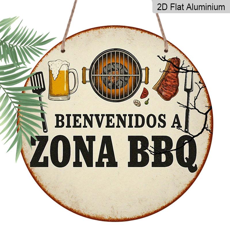 2D Flat, 1pc 7.87x7.87 Inch Round Aluminum Sign, Retro BBQ Beer Party Plaque for Grill Theme Decorations in Kitchens, Dining Rooms, Outdoor Patios