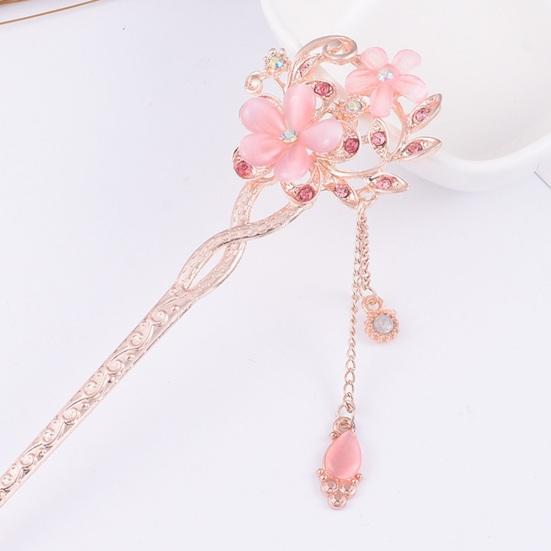 Women Hair Stick Chinese Style Vintage Colorful Rhinestone Flower Decor Tassel Hollow Out Exquisite Stainless Alloy Lightweight Hair Fork Hanfu