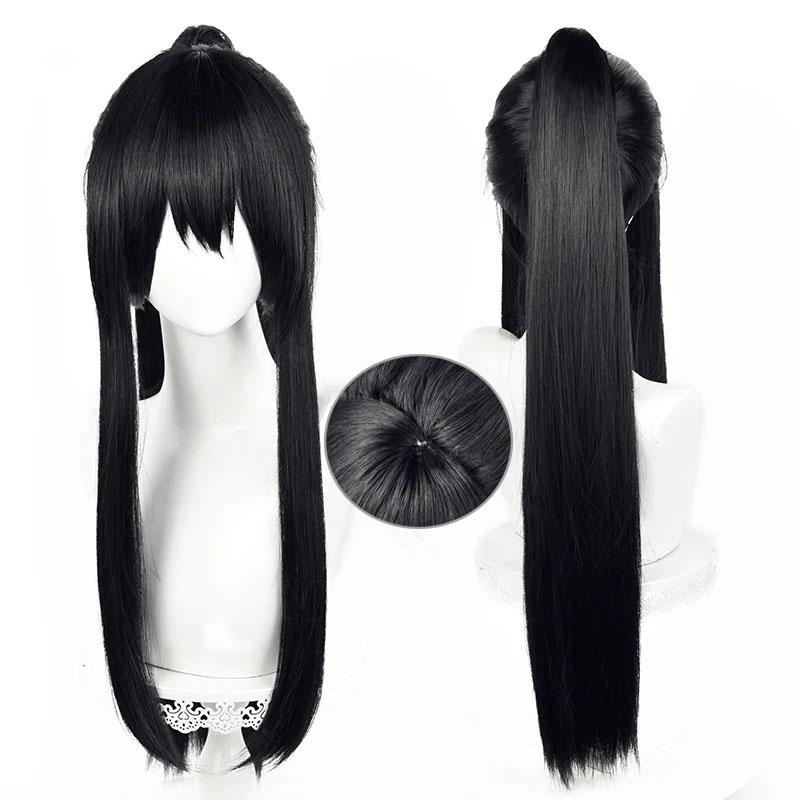 Ashiro Mina Cosplay Wig Anime Long Black With Ponytail Heat Resistant Synthetic Hair Halloween Role Play Wigs + Wig Cap