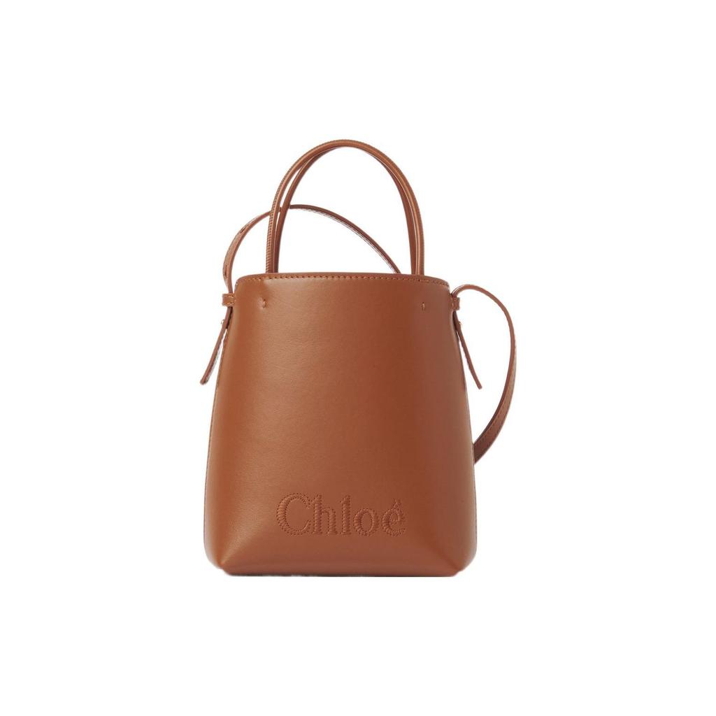Chloe Sense Embroidered Logo Adjustable Shoulder Strap Shiny Calfskin Tote Bag Shopping Handbag Crossbody Mini Women tote Brown CHC23-UP873I10-247