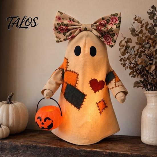 Soft Illuminated Ghost Statue Lighted Vintage Patchwork Ghost, Halloween Light Up Quilted Doll with Pumpkin Fabric Ornament Lantern, Rustic Farmhouse