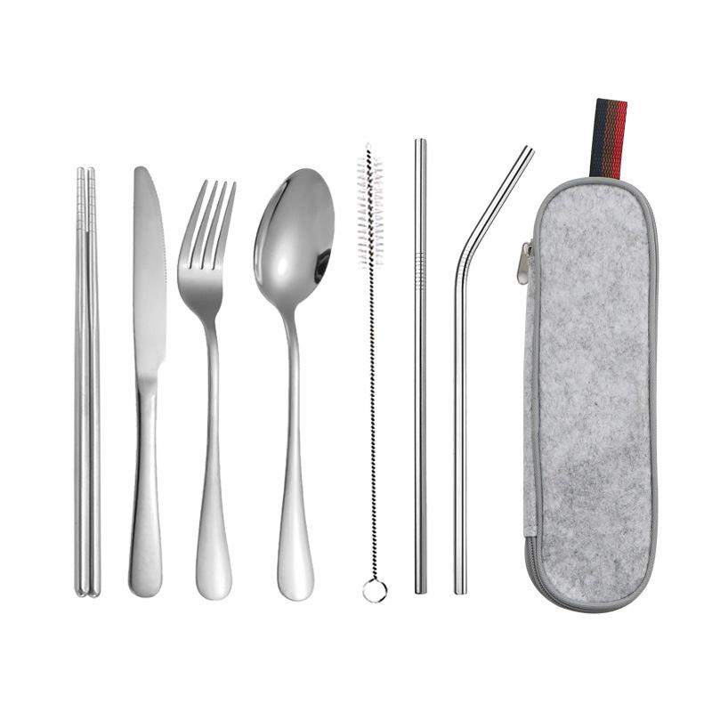 8Pcs Tableware Set Stainless Steel Spoon Fork Chopsticks Straw Cleaning Brush with Storage Case for Eco Friendly Outdoor Lunch