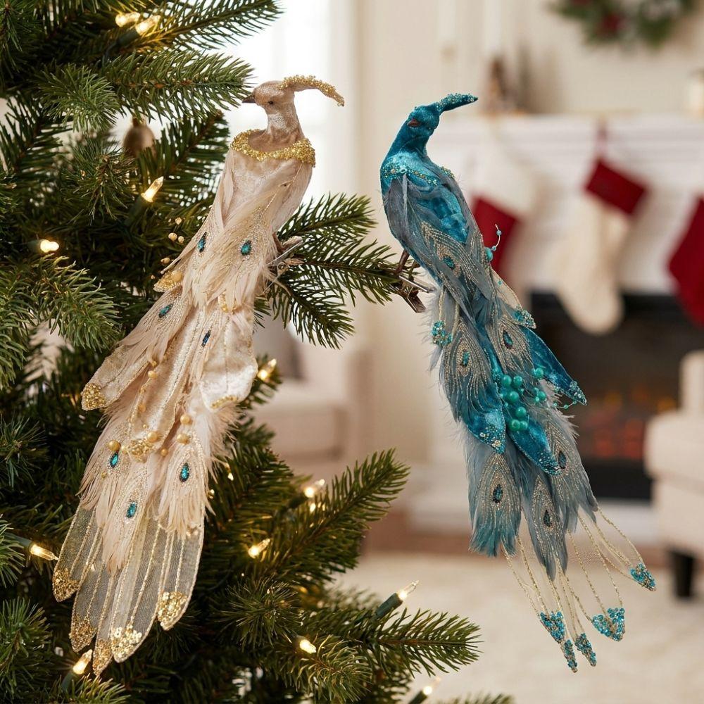 Clip-On Christmas Peacock Ornaments Glitter Feather Artificial Peacock Decor Christmas Season