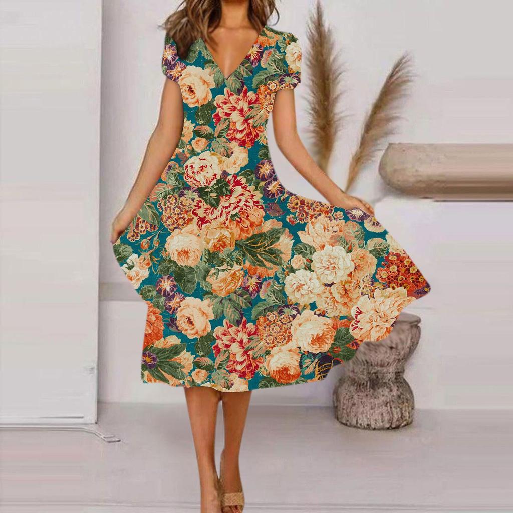Women's Summer Casual Fashion Floral Print Short Sleeve V-Neck Swing Dress