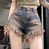 Spicy Girl Retro High Waisted Fringed Denim Shorts for Women In Summer A-line Distressed Hip Hugging Wide Leg Hot Pants