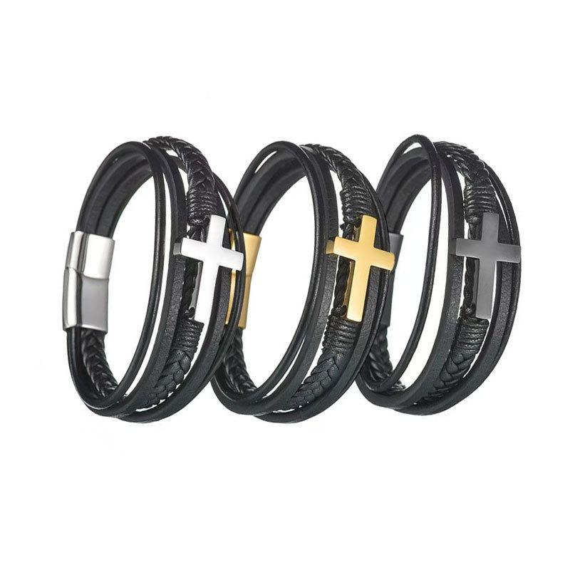 Панк Кожаный Браслет с Крестом для Мужчин Многослойный Плетеный Веревочный Браслет с Магнитной Застежкой Аксессуар
