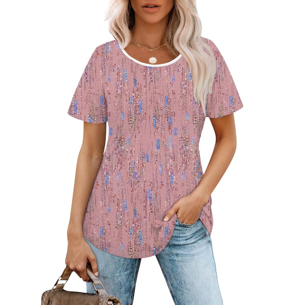 Женская модная повседневная плиссированная футболка с короткими рукавами и круглым вырезом с градиентным принтом