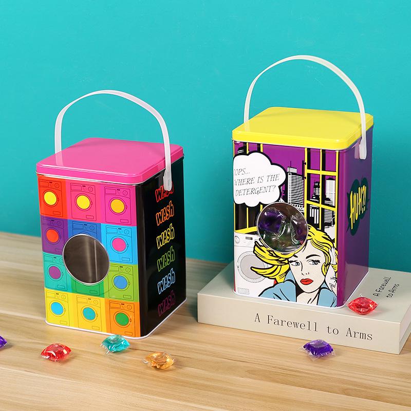 Большой жестяной ящик для хранения капсул для стирки - Органайзер в форме стиральной машины с ручкой