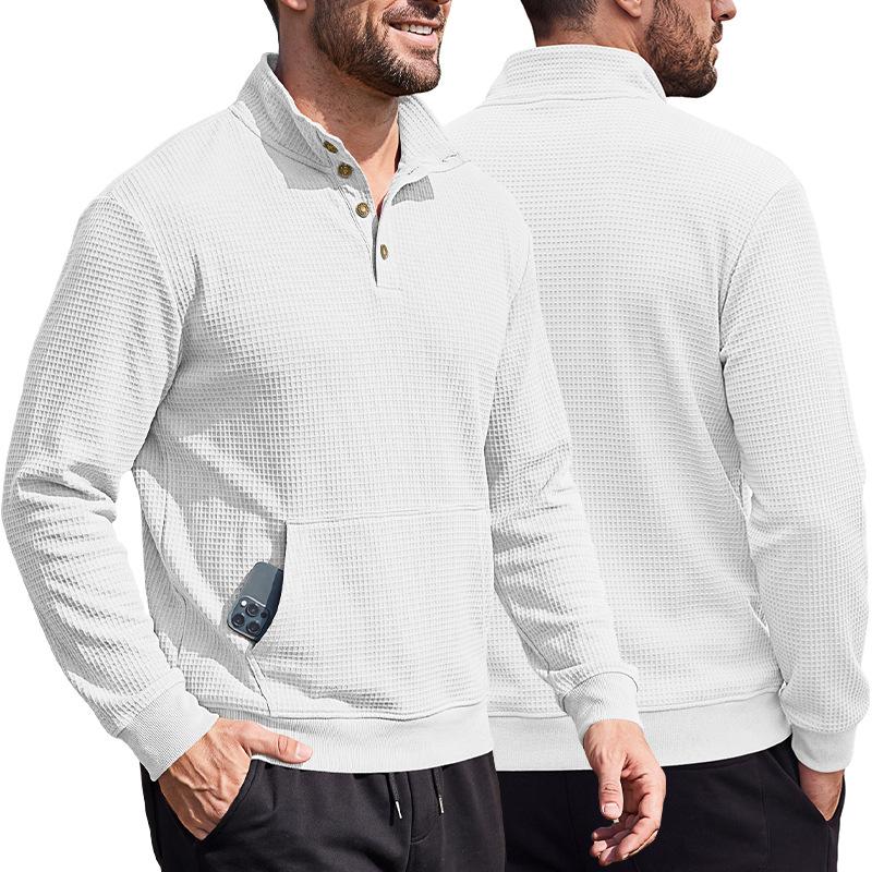 Men's Waffle Polo Shirt Long Sleeve Stand Collar 3D Pocket Outdoor Casual Sweatshirt