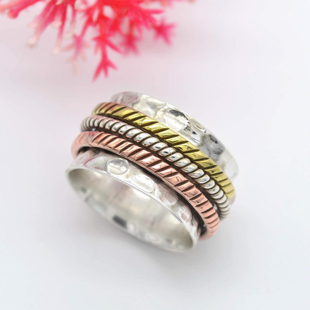 Кольцо-спиннер, трехцветное кольцо-спиннер из стерлингового серебра 925 пробы, кольцо для большого пальца