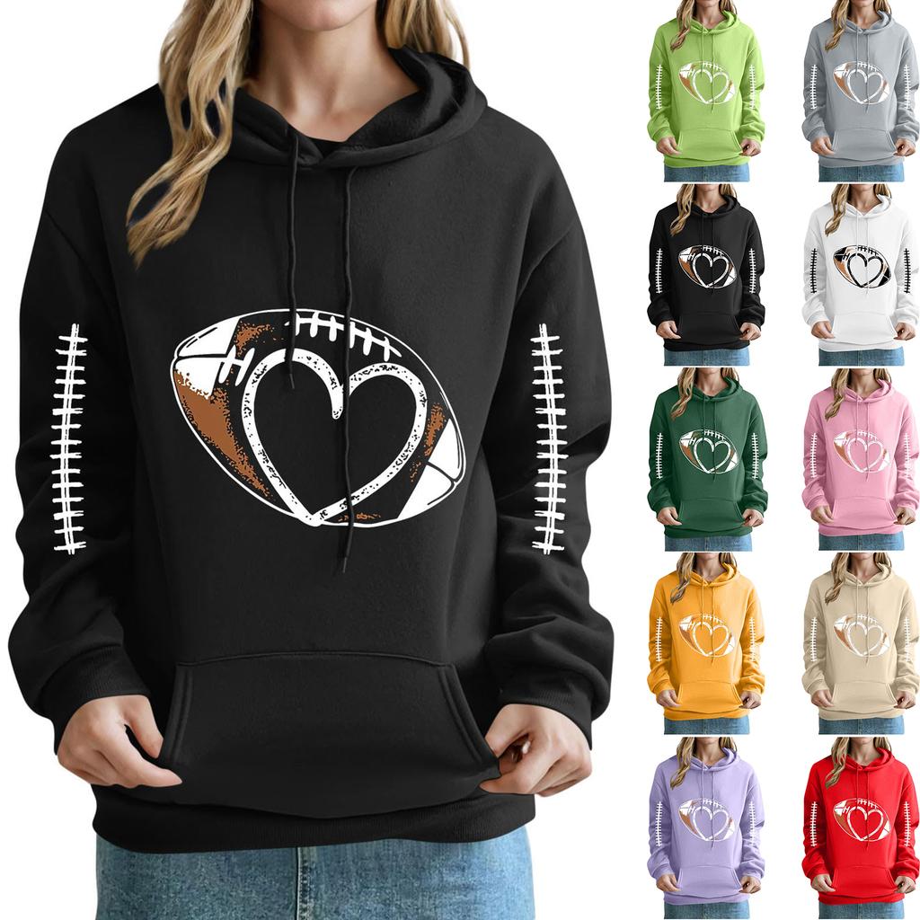 Women's Loose Comfortable Casual And Fashionable V-neck Rugby Print Long Sleeved Hooded Sweatshirt