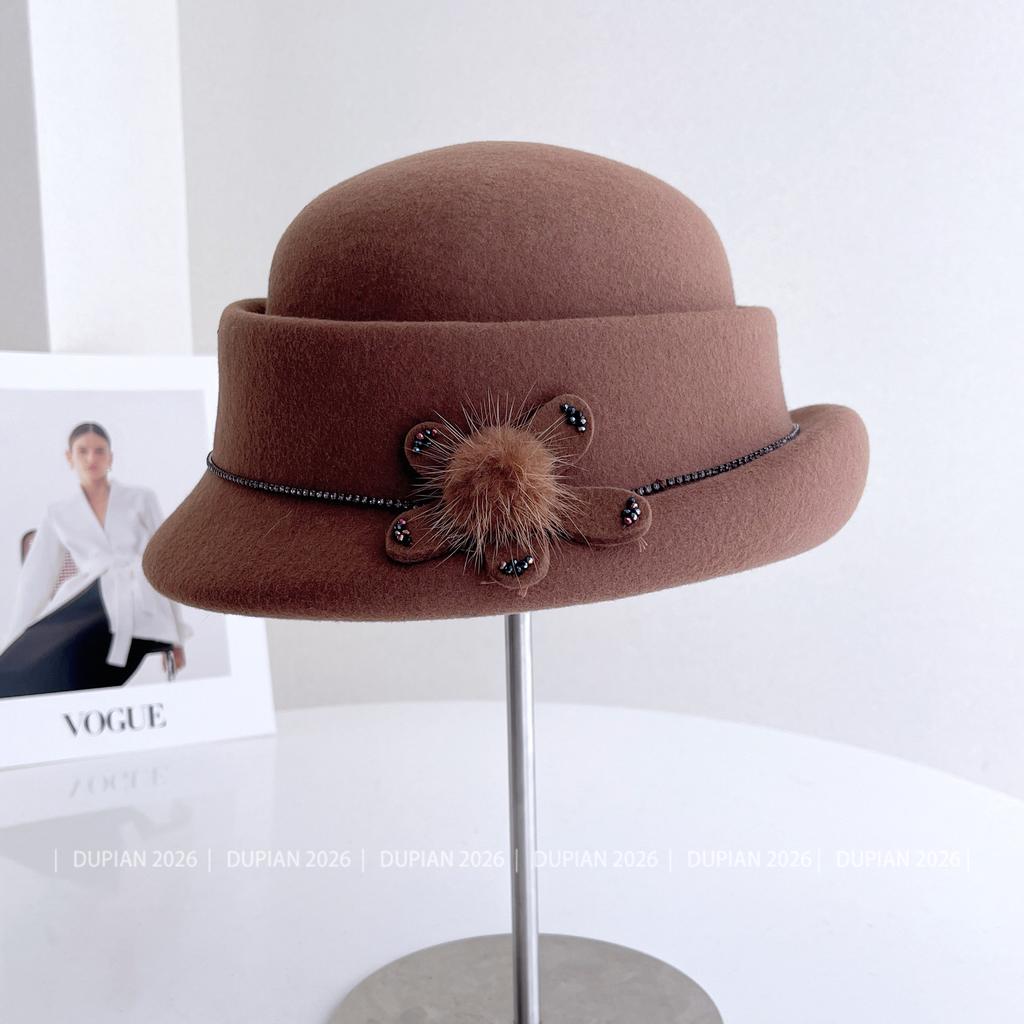Air curled three-dimensional flower wool felt hat women's winter retro versatile basin hat light luxury fashion beret tide