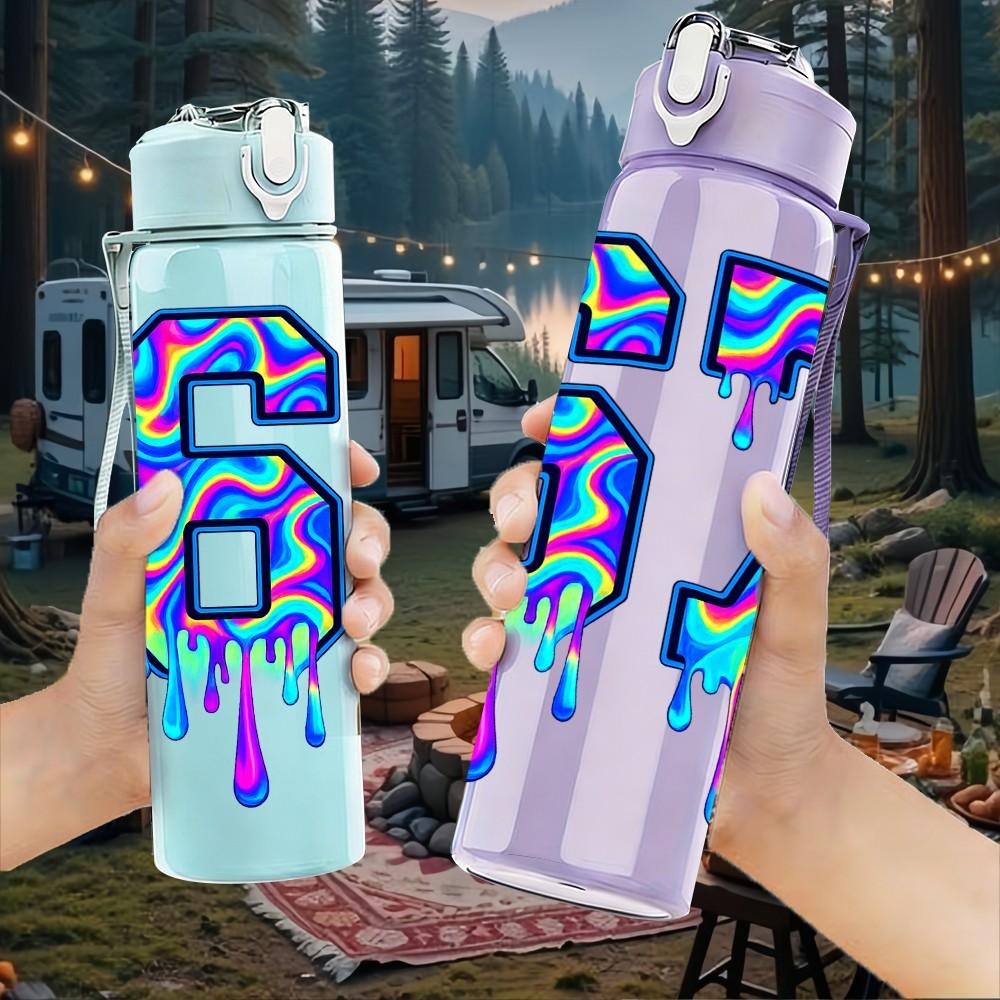 1PC Number 67 Colorful Graffiti Print 750ml Color Plastic Sports Water Bottle Leakproof Flip Straw Lid Suitable for Sports Office Home Use