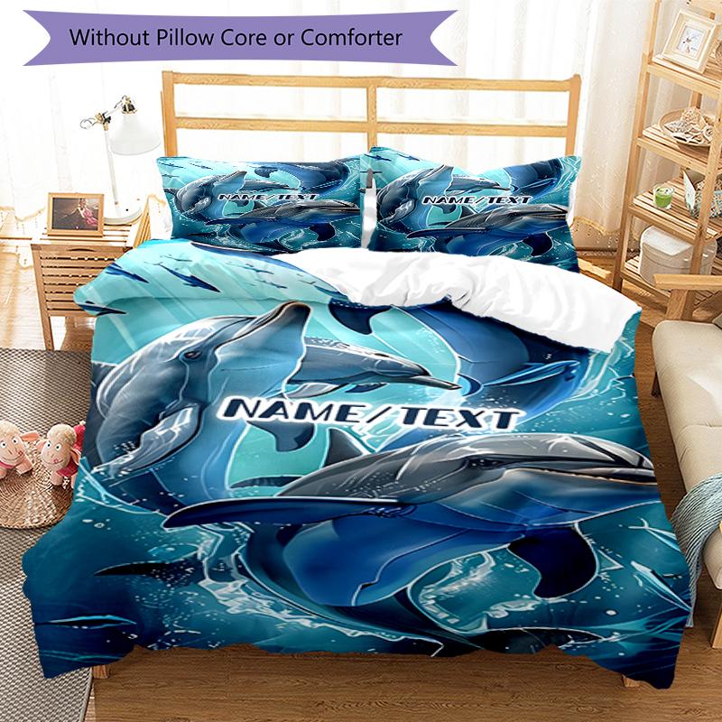 3PC Custom Name Ocean Dolphins Adventure Bedding Set Duvet Cover Closure Includes 1 Duvet Cover & 2 Pillowcases for Bedroom