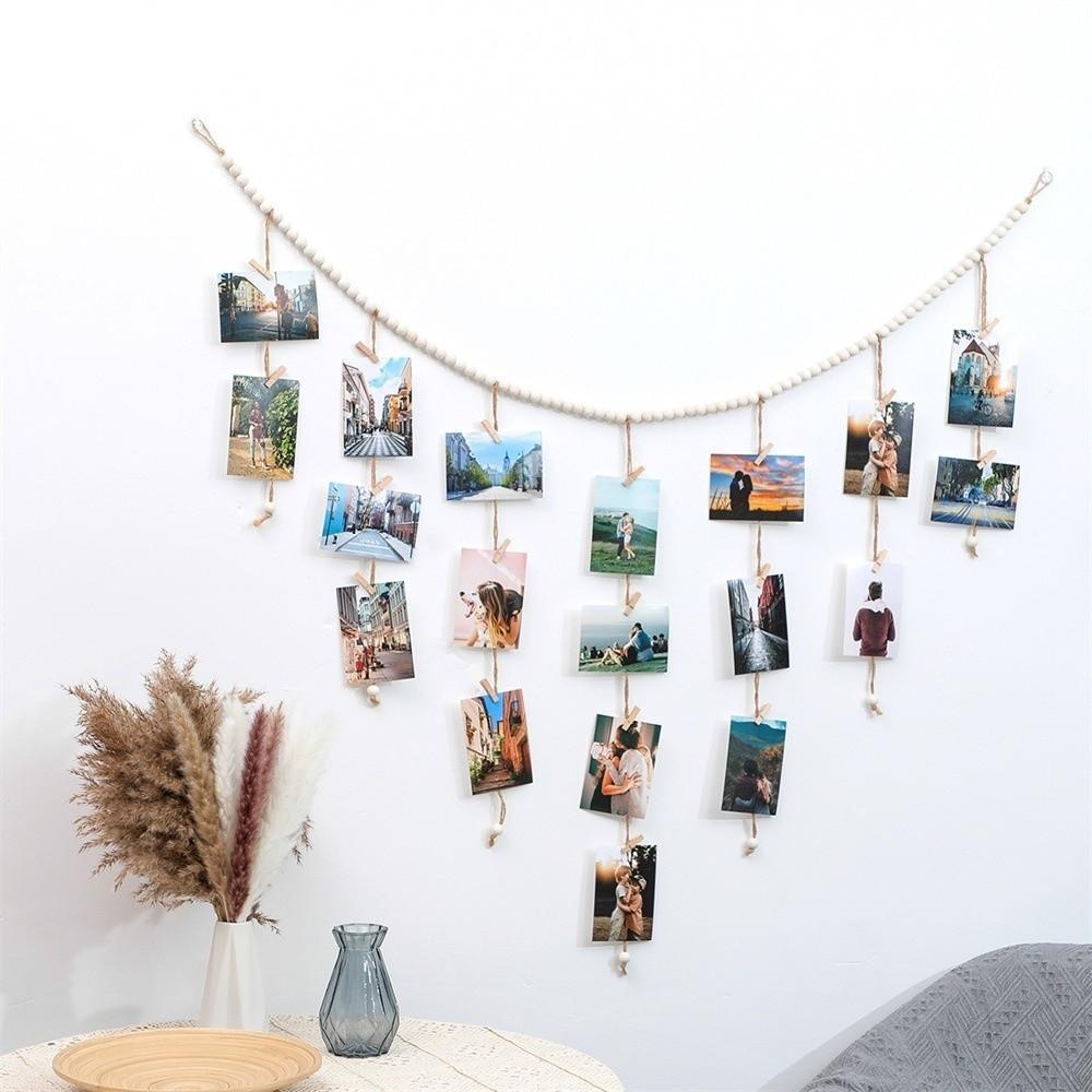 Nordic Style Hanging Photo Display DIY Decorative Wall Hanging Photo Clip Wooden Bead Garland Minimalist Picture Hanging String