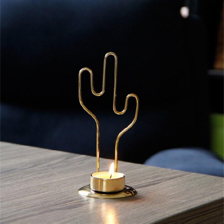Golden Round Candle Holder Decorative Cactus Shape Iron Candlesticks for Parties