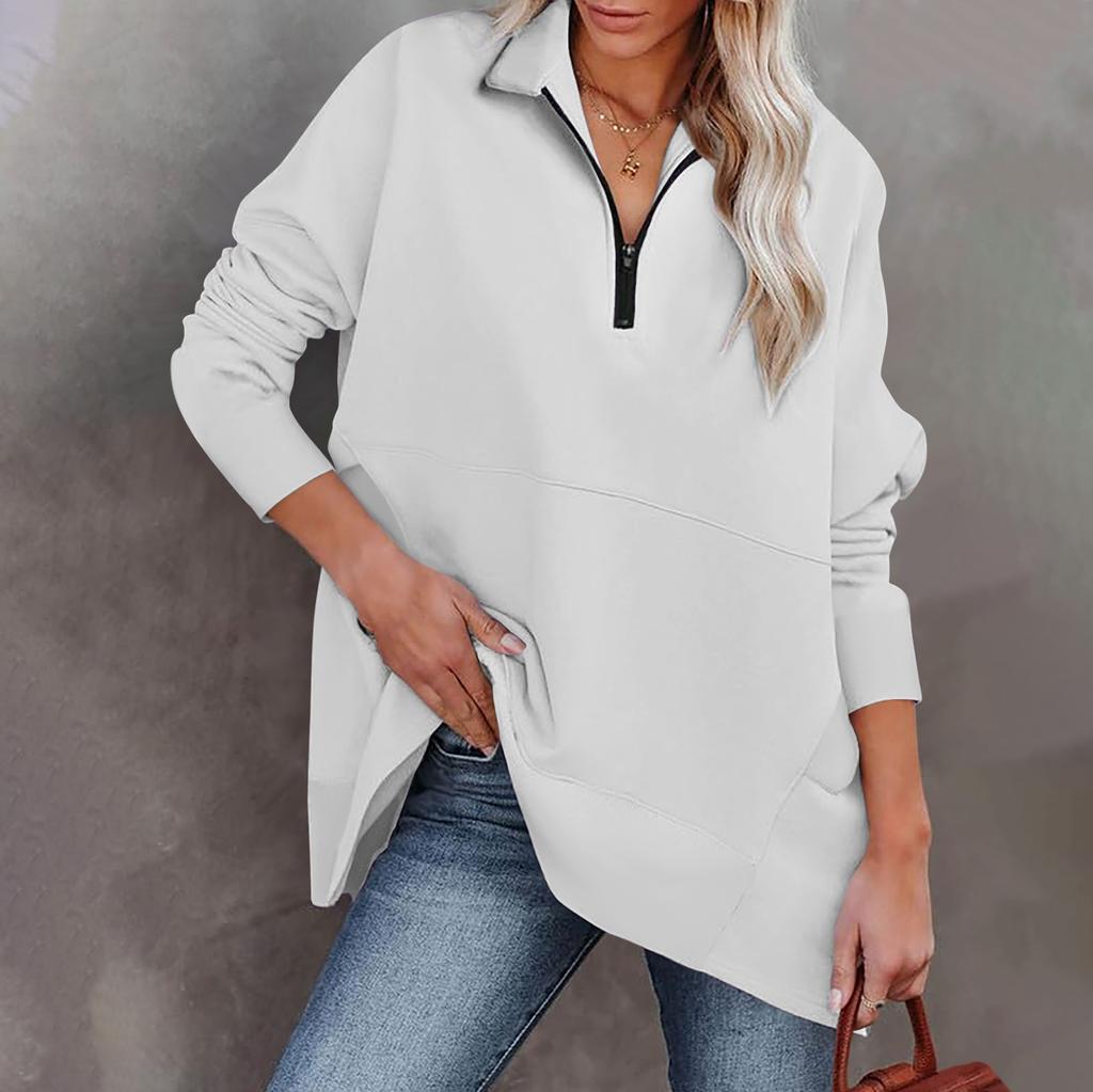 Женская повседневная спортивная рубашка оверсайз на половинной молнии, сплошной цвет с длинными рукавами и карманным пуловером, топ