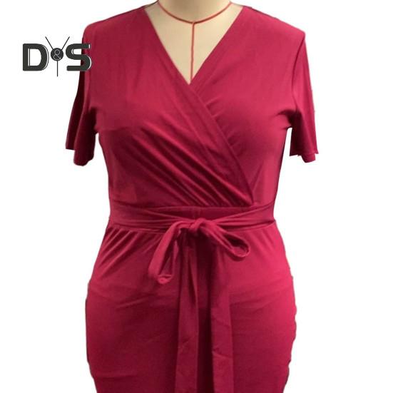 Women Dress V Neck Plus Size Short Sleeve Belted Tight Waist Solid Color Sheath Slim Fit Mid Calf Length Soft Evening Dress Formal Midi Dress