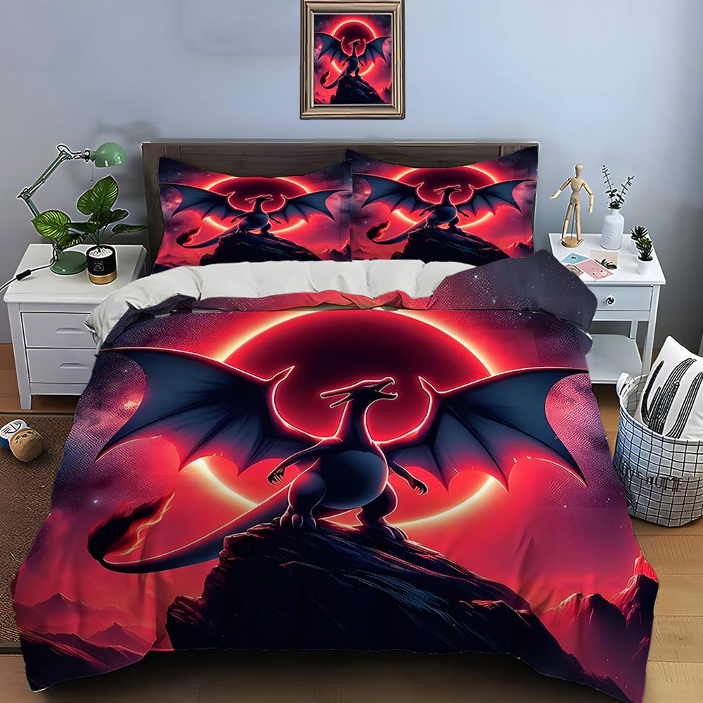 10 размеров Комплект постельного белья с принтом Покемона Чаризарда 3 предмета Набор Кровать Кинг-сайз Наволочка Покрывало для взрослой кровати Спальный комплект для подарков