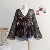 V-neck Printed Vacation-style Women's Flared Sleeve Loose and Flowing Top