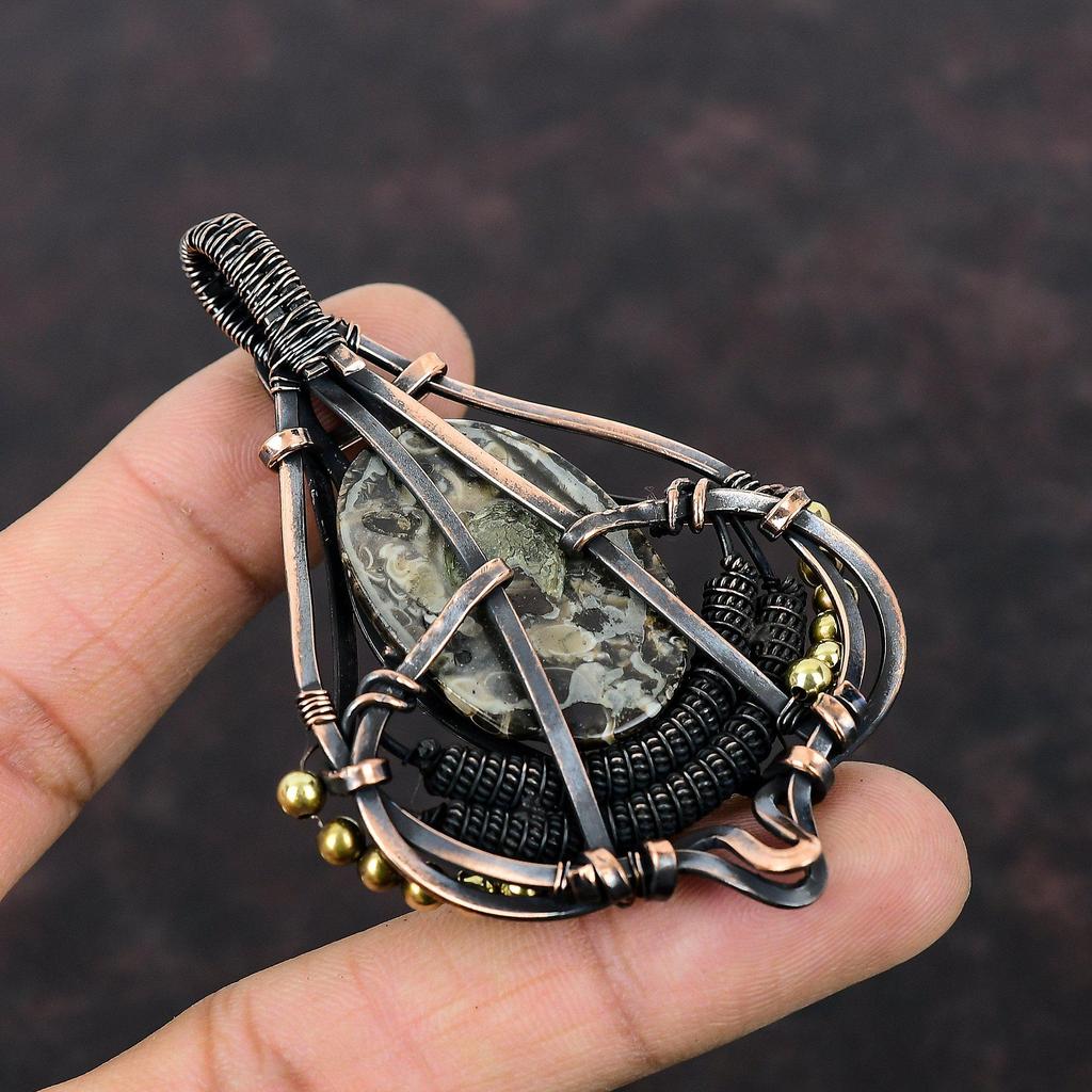 Подвеска из агата Turritella, обернутая медной проволокой, подвеска из настоящего драгоценного камня, подвеска ручной работы из медной проволоки, дизайнерская подвеска для подарка